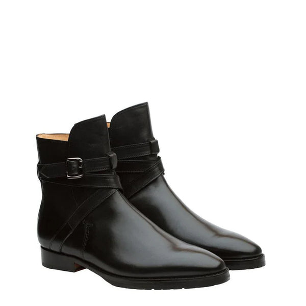 Leather Jodhpuri Chukka Boots With Buckle - Black