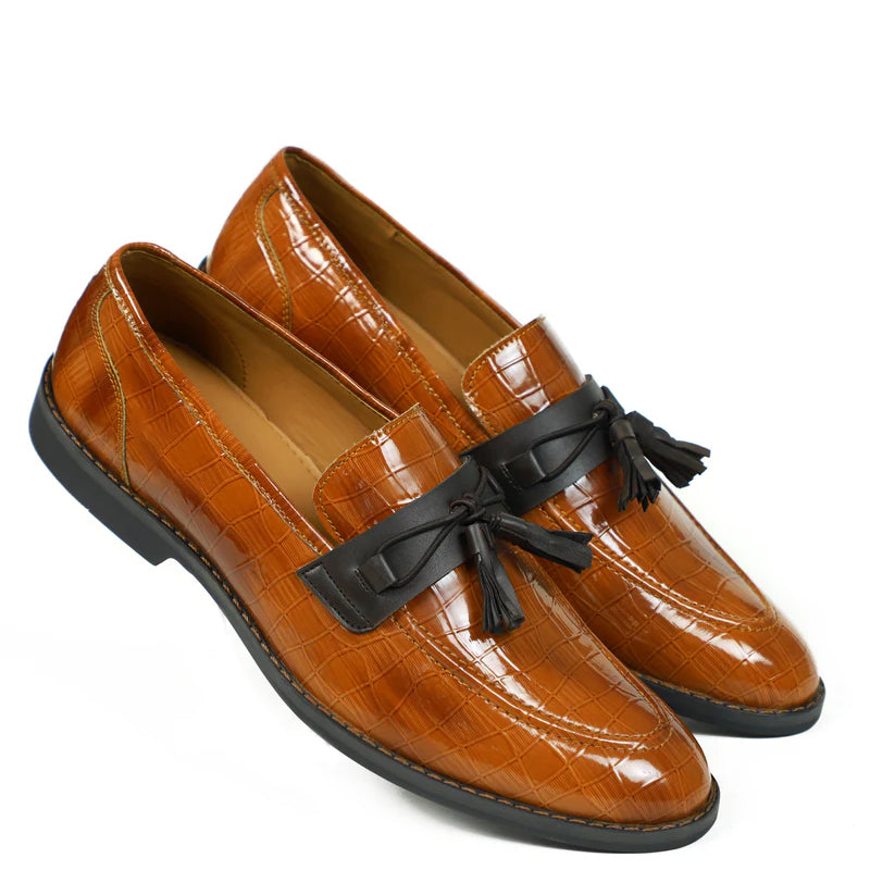 Croco Slip-On Leather Tassel Loafers