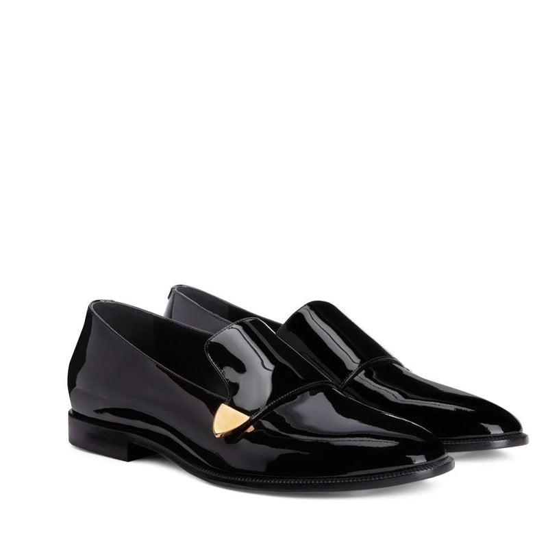 Golden Metal Logo Black Men's Patent Loafer