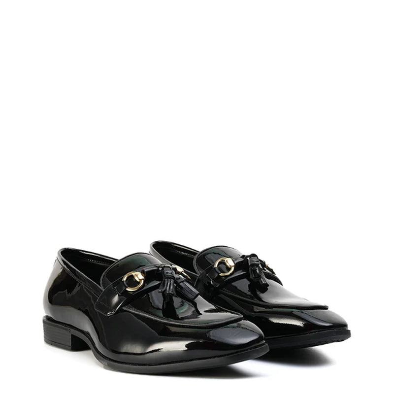 Patent Shiny Leather Horsebit Buckled Tassel Black Loafer
