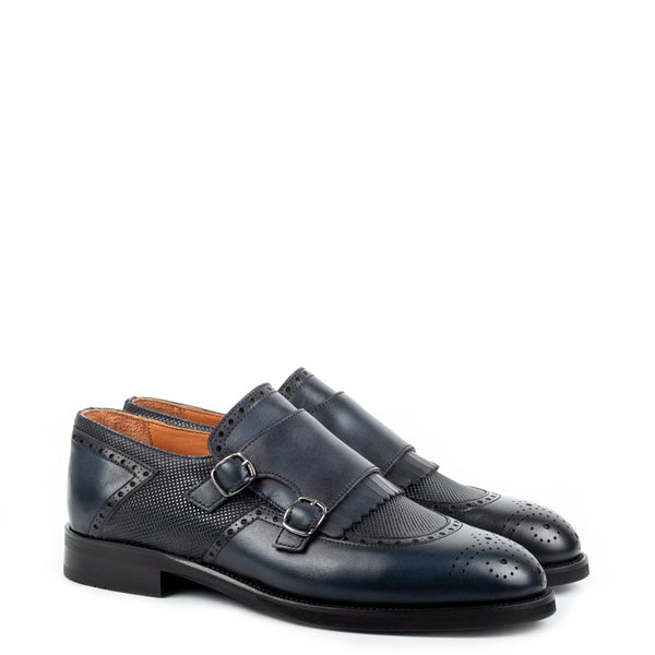 Premium Italian Leather Stylish Double Monk Shoe Tan - Blue