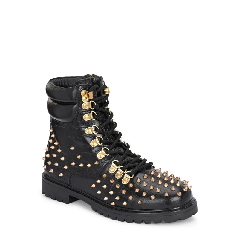 Croco Leather Studded Lace-Up Biker Boots