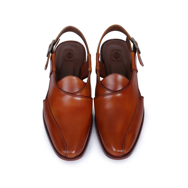 Leather Cross Strap Slip On Comfort Peshawari Sandal - Tan