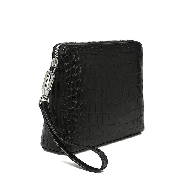 Italian Crocodile Leather Zipper Clutch for Men - Black