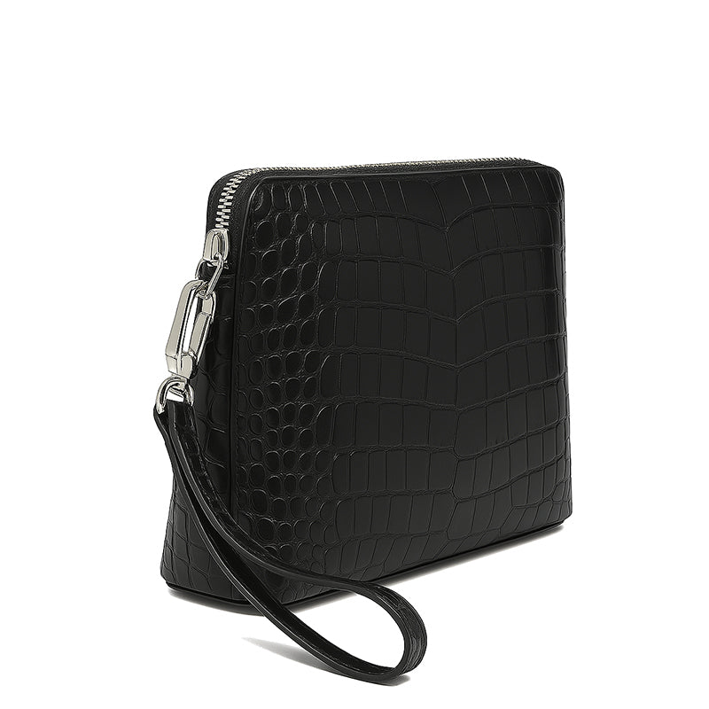 Men's Crocodile Black Leather Zipper Clutch Bag