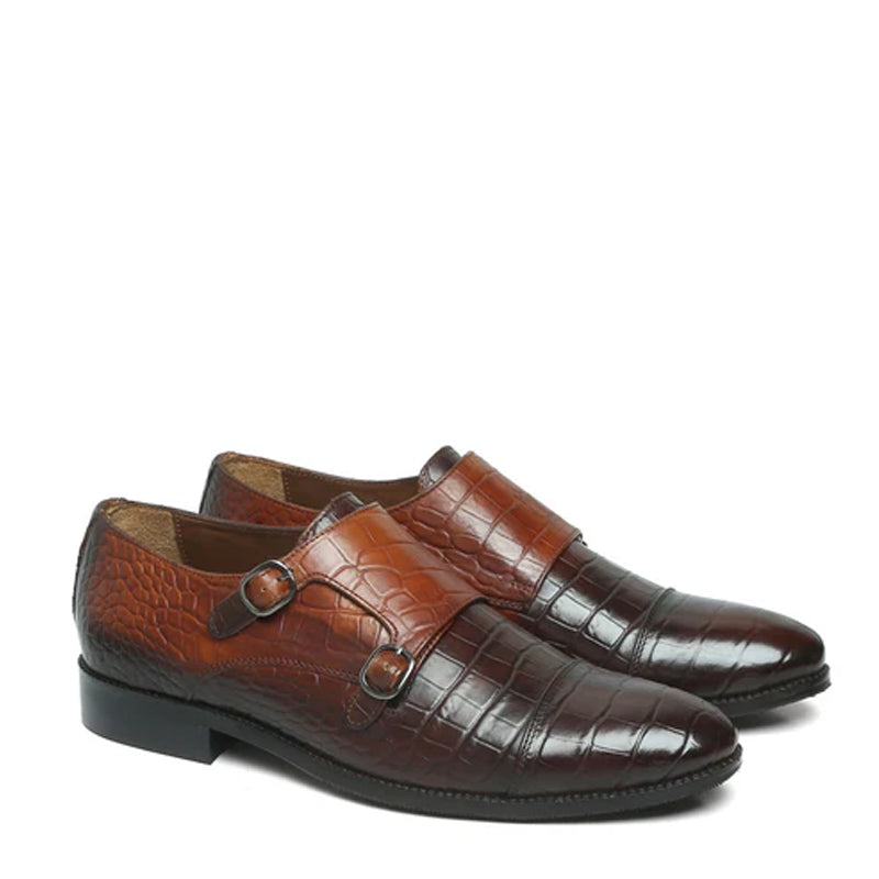 Men Croco Print Leather Double Monk Shoes