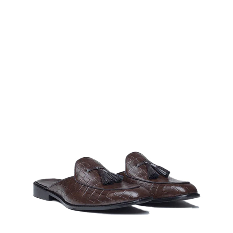 Croco Textured Leather Tassel Mule Shoe Brown
