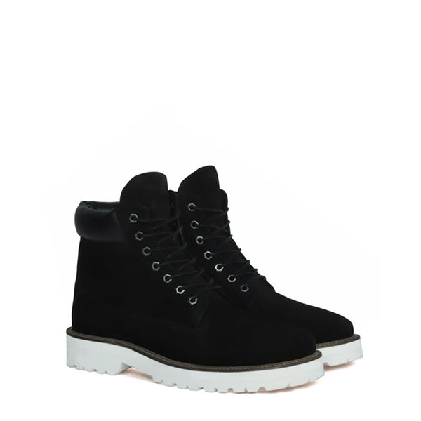Suede Leather Lace Up Biker Beige Boot - Black