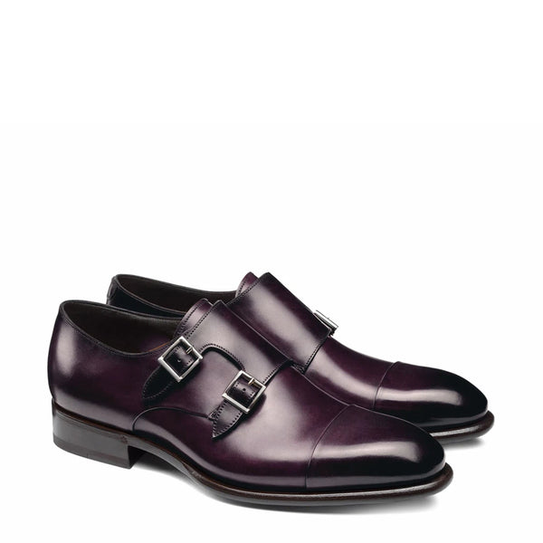 Leather Double Monk Strap Men Shoes - Purple