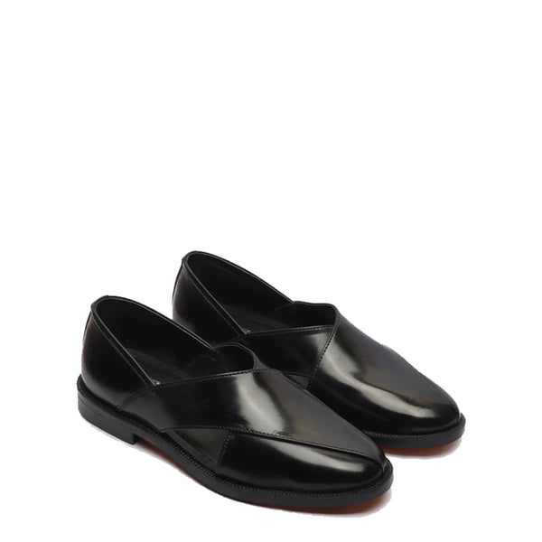Shiny Leather Closed Comfort Peshawari Sandal - Black
