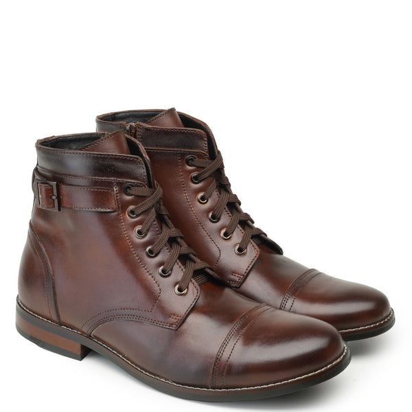 Men Solid High Buckle Leather Ankle Boot - Brown