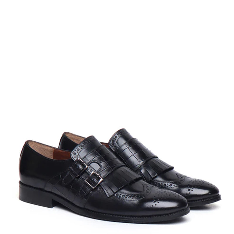 Men Leather Double Monk Strap Shoes with Fringes