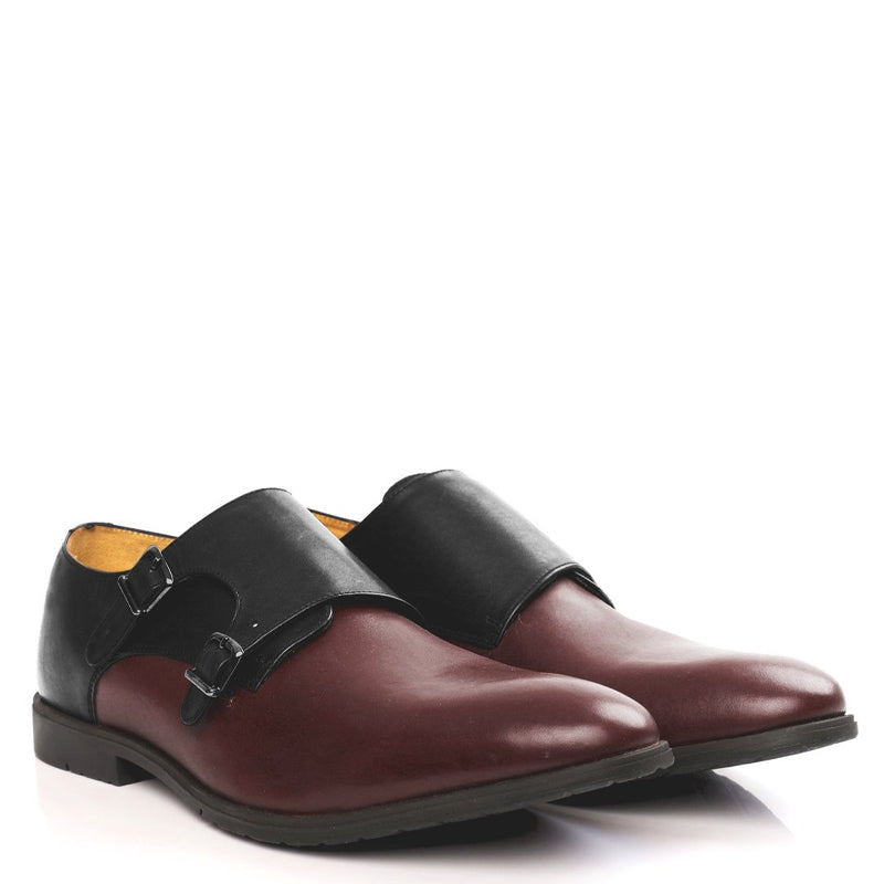 Leather Double Monk Strap Black and Gray Shoe For Men