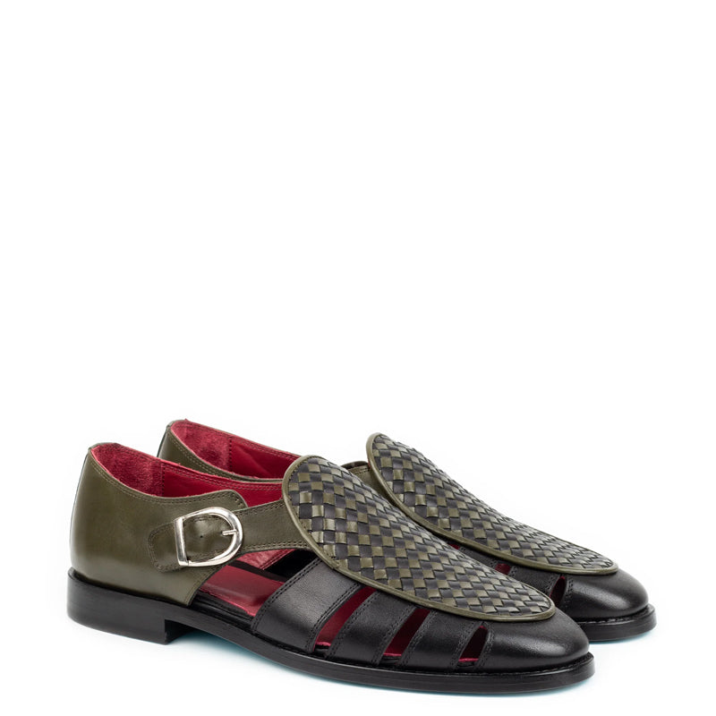 Men Green Black Textured Leather Peshawari Comfort Sandals