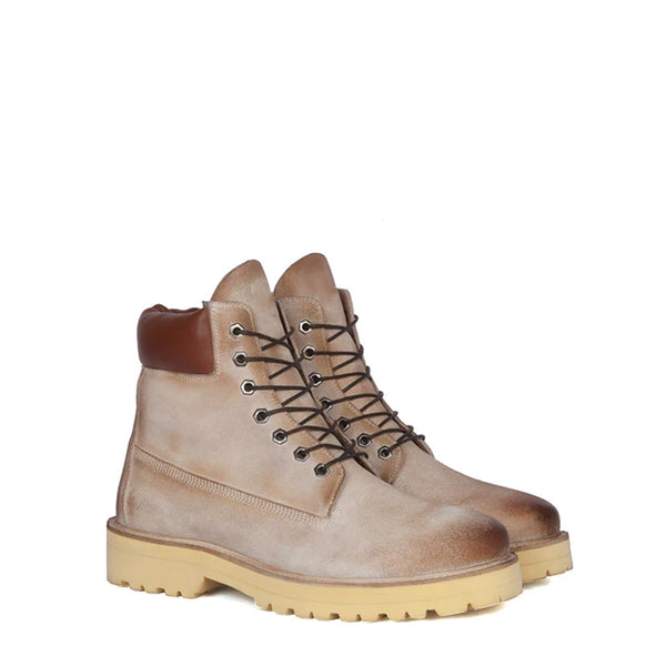 Suede Leather Lace Up Biker Beige Boot - Beige