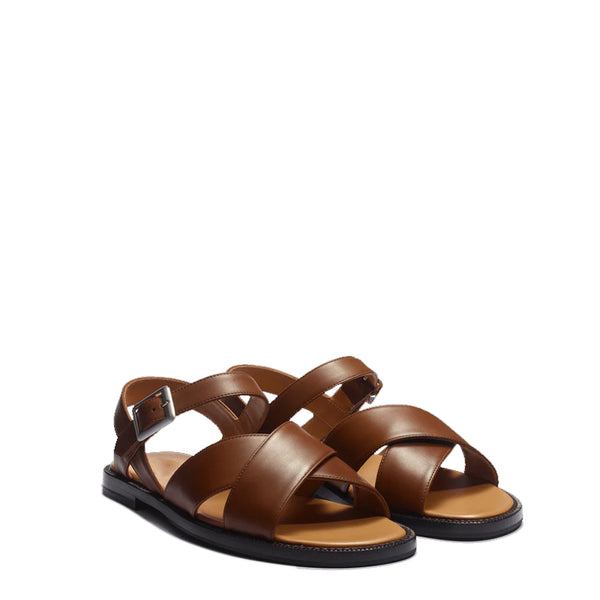 Back Strap Double V Leather Sandals - Brown