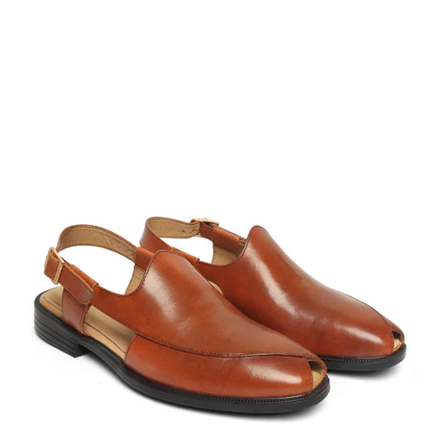 Cross Design Leather Comfort Peshawari Sandal - Tan