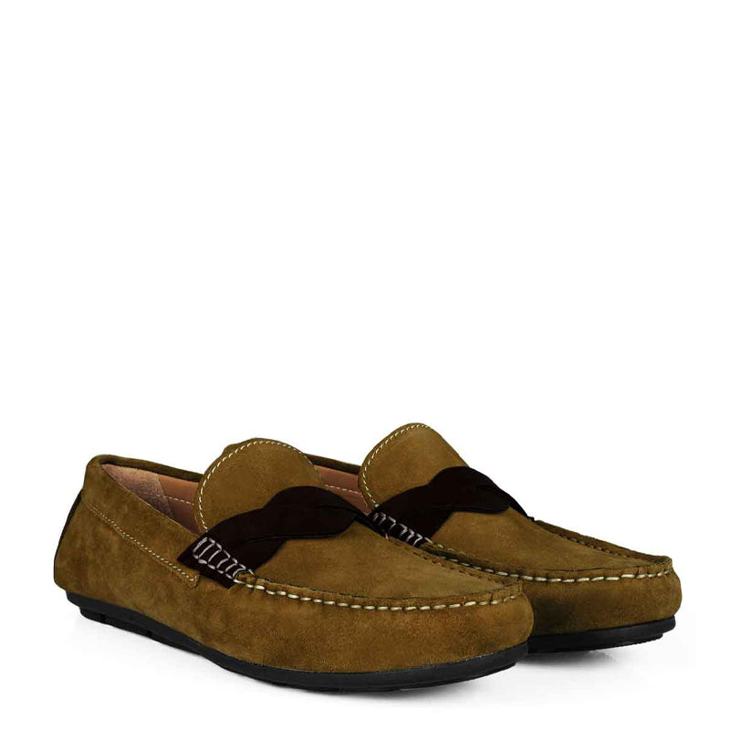 Penny Suede Cross Strap Leather Dark Brown Loafer
