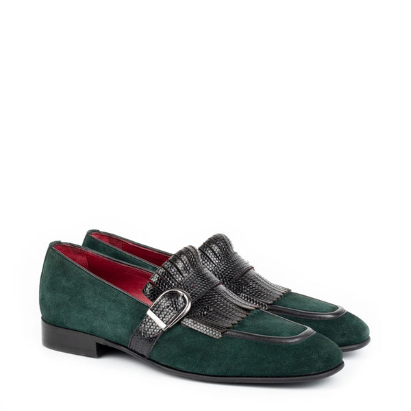 Suede Handmade Leather Single Monk Straps Shoe - Green