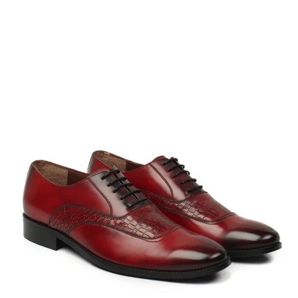 Premium Deep Cut Croco Leather Oxford Wine Shoe