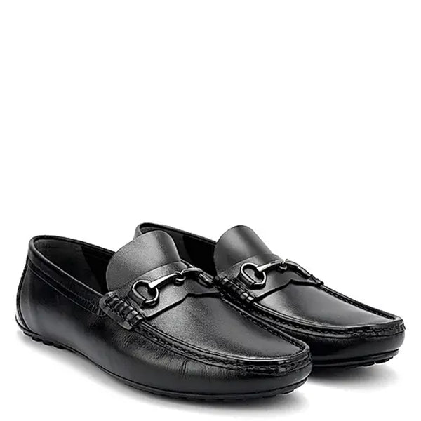 Men Solid Leather Buckled Formal Tan Loafer - Black