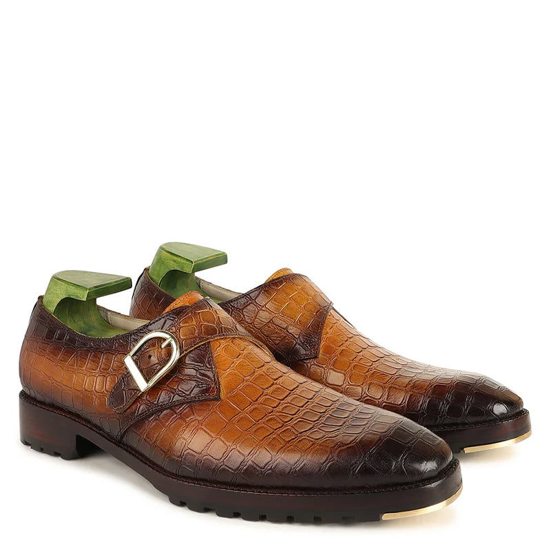 Handpainted Patina Croco Leather Single Monk Straps Shoes