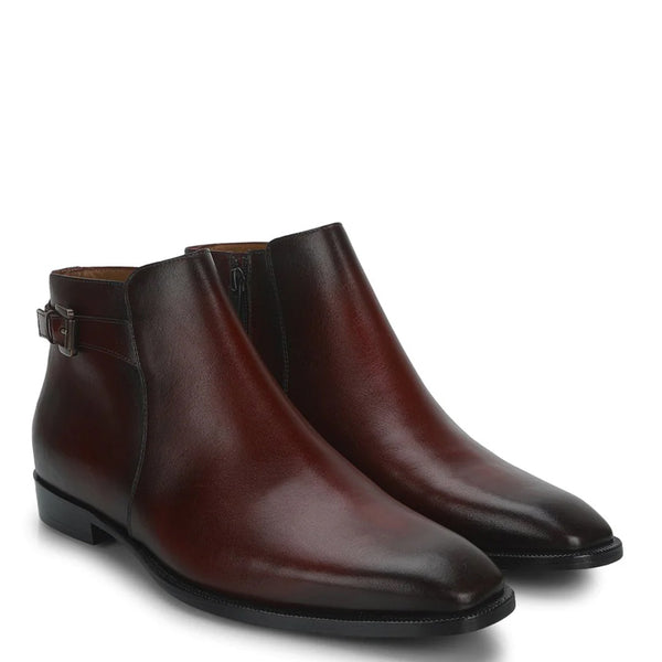 Men Solid Leather Side Zipper Boot With Buckle - Brown