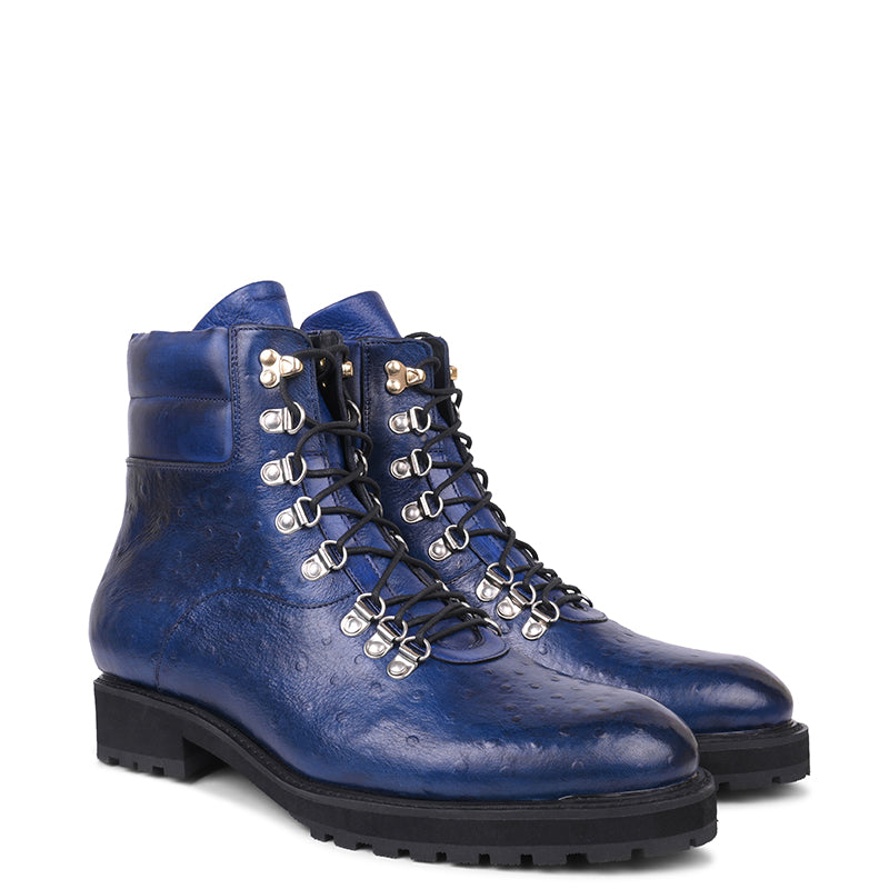 Men Solid Leather Side Zip Biker Ankle Blue Boot