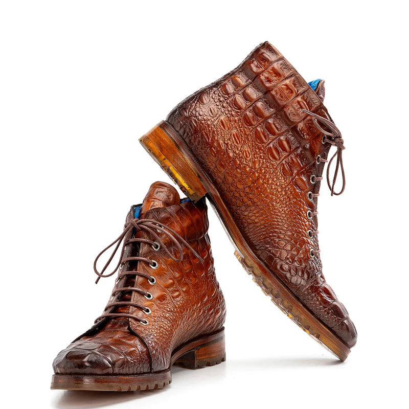 Hand Painted Croco Print Leather Lace Up Boot Burgundy