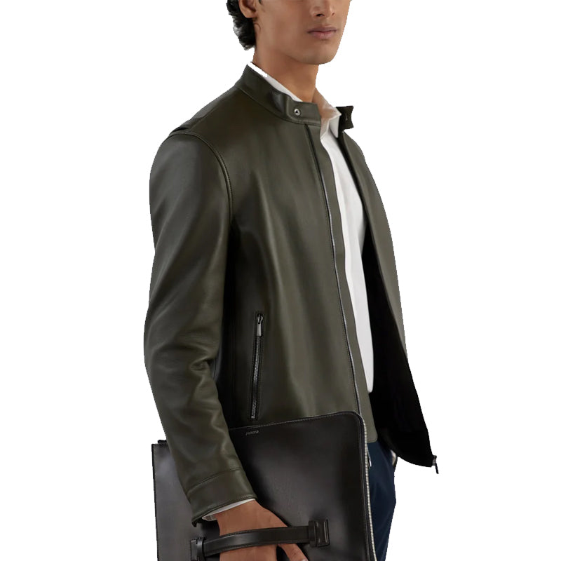 Olive Nikolai Leather Jacket For Men