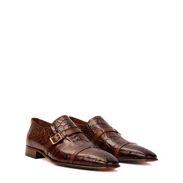 Leather Single Monk Strap Cap Toe Men Shoe - Brown