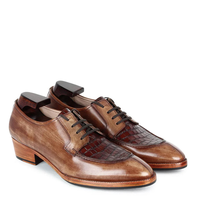 Patina Cuban Heel Croco Leather Derby Shoes