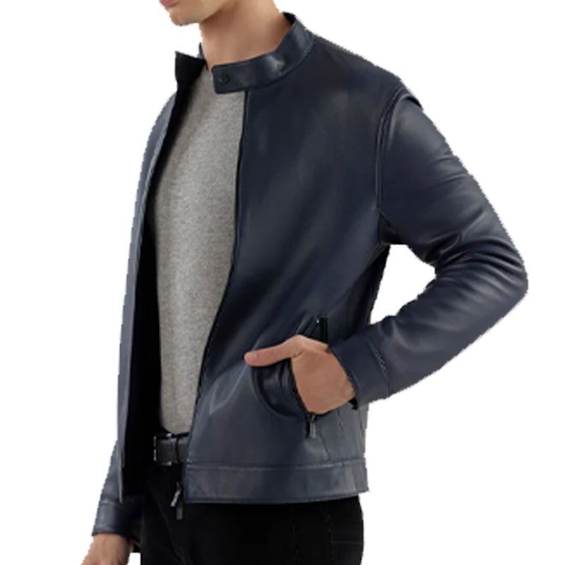 Navy Nikolai Leather Jacket For Men