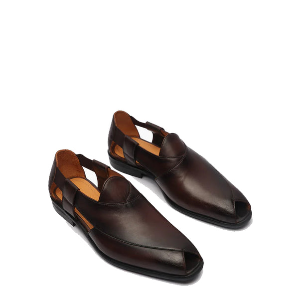 Classic Luxury Slip On Leather Peshawari Sandal - Brown