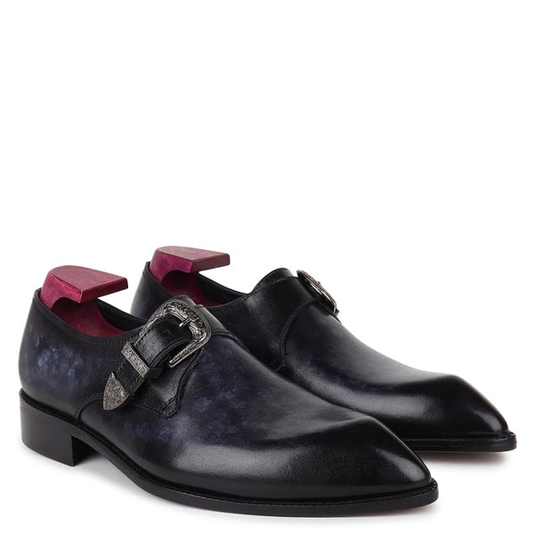 Plain Leather Single Monk Shoe With Side Buckle - Dark Blue