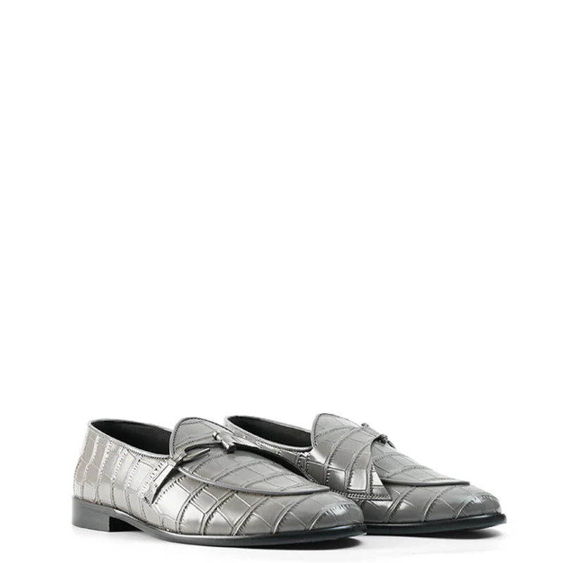 Croco Print Leather Stylish Black Loafer With Side Hook