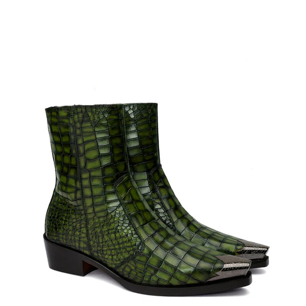 Luxury Croco Print Leather Side Zipper Boot - Green