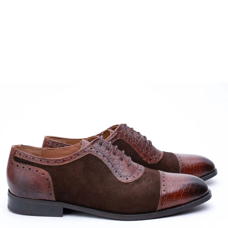 Suede Croco Textured Leather Oxford Shoe Tan Brown