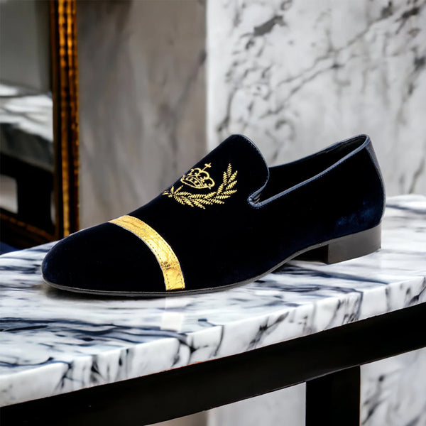 Velvet Slip Ons with Royal Eagle Embroidery - Blue
