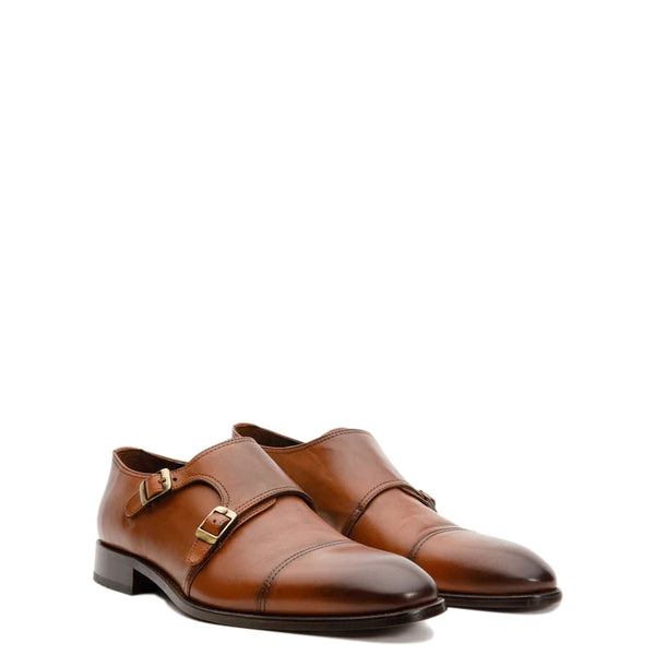 Leather Cap Toe Double Monk Strap Men Shoe - Brown