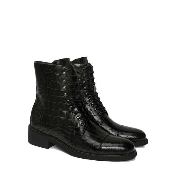 Croco Leather Lace Up High Ankle Boot - Black