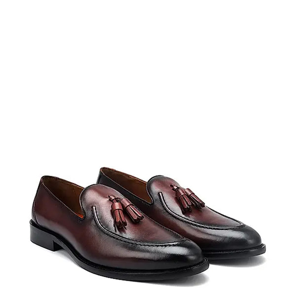 Pure Solid Leather Tassel Burgundy Loafer - Burgundy