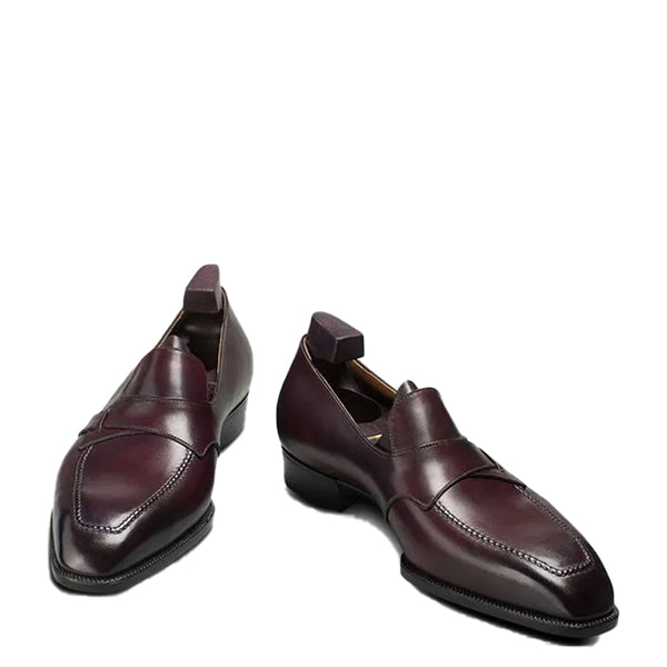Handmade Burgundy Shiny Leather Loafers For Men