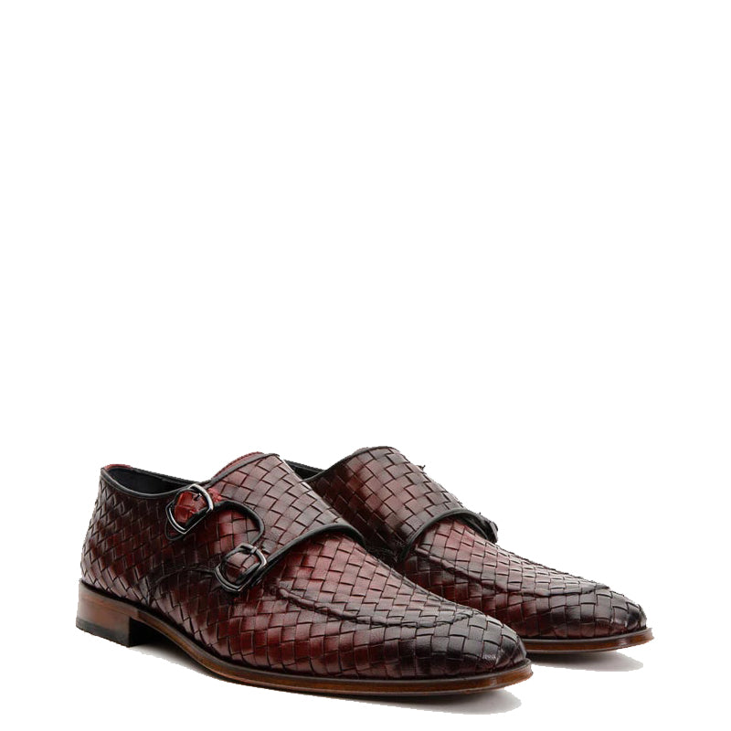 Brown Woven Double Monk Strap Men's Shoes