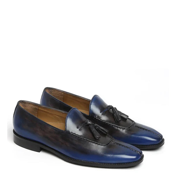 Men Slip On Leather Tassel Loafer - Blue-Black