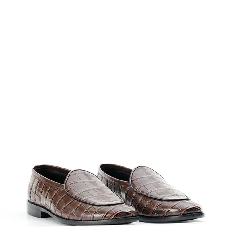 Croc Effect Slip On Leather Loafers