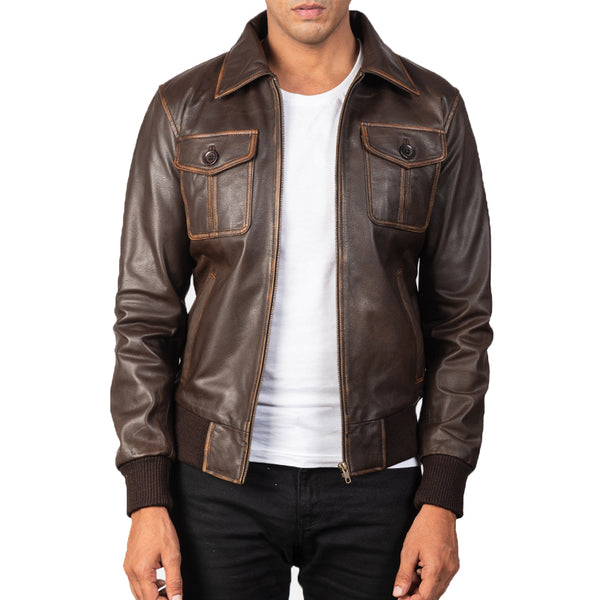 Men Solid Aaron Leather Bomber Jacket - Brown