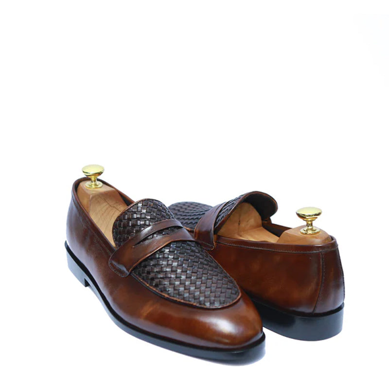 Cognac Handwoven Penny Leather Loafers