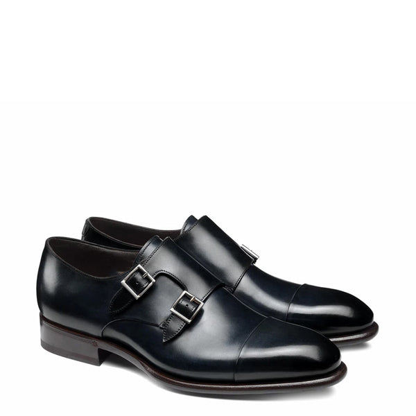 Leather Double Monk Strap Men Shoes - Dark Blue