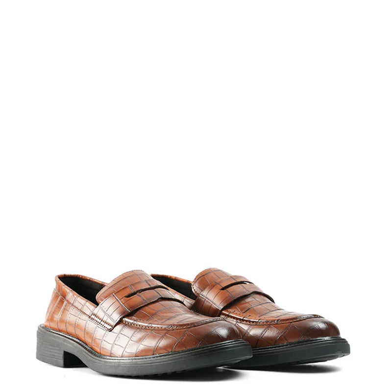 Premium Crocodile Textured Leather Loafer Tan